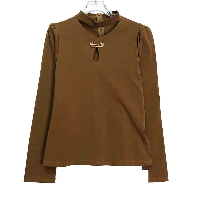 E1153时尚新款百搭圆领咖色针织衫休闲高级感复古显瘦气质长袖