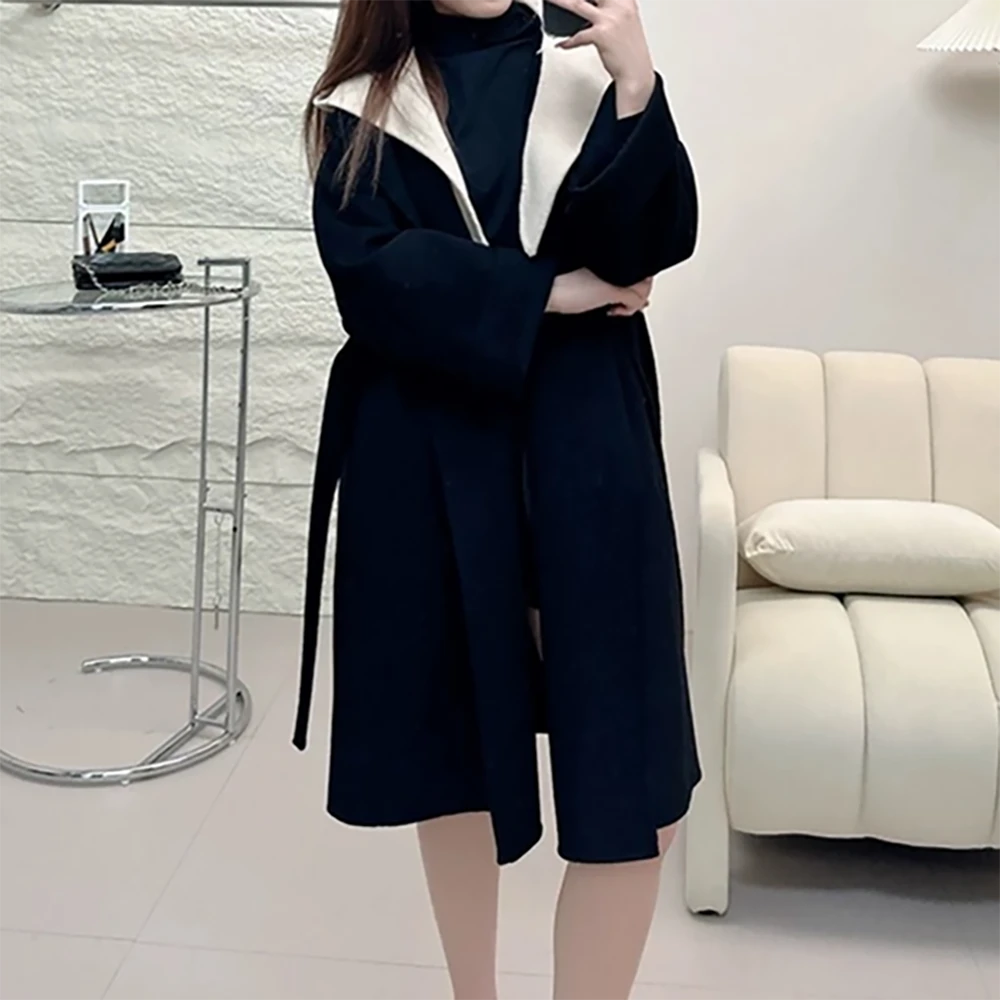 A23065【新款】可拆卸连帽两穿大衣秋冬大翻领赫本风显瘦系带外套3D