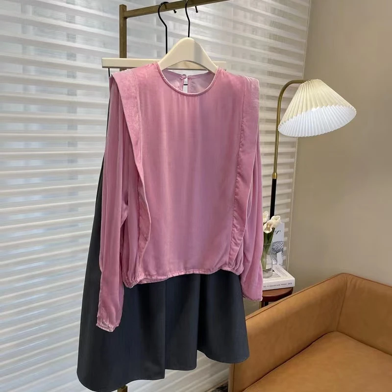 E37860【新款】时尚设计感小众高端粉色圆领套头衬衫