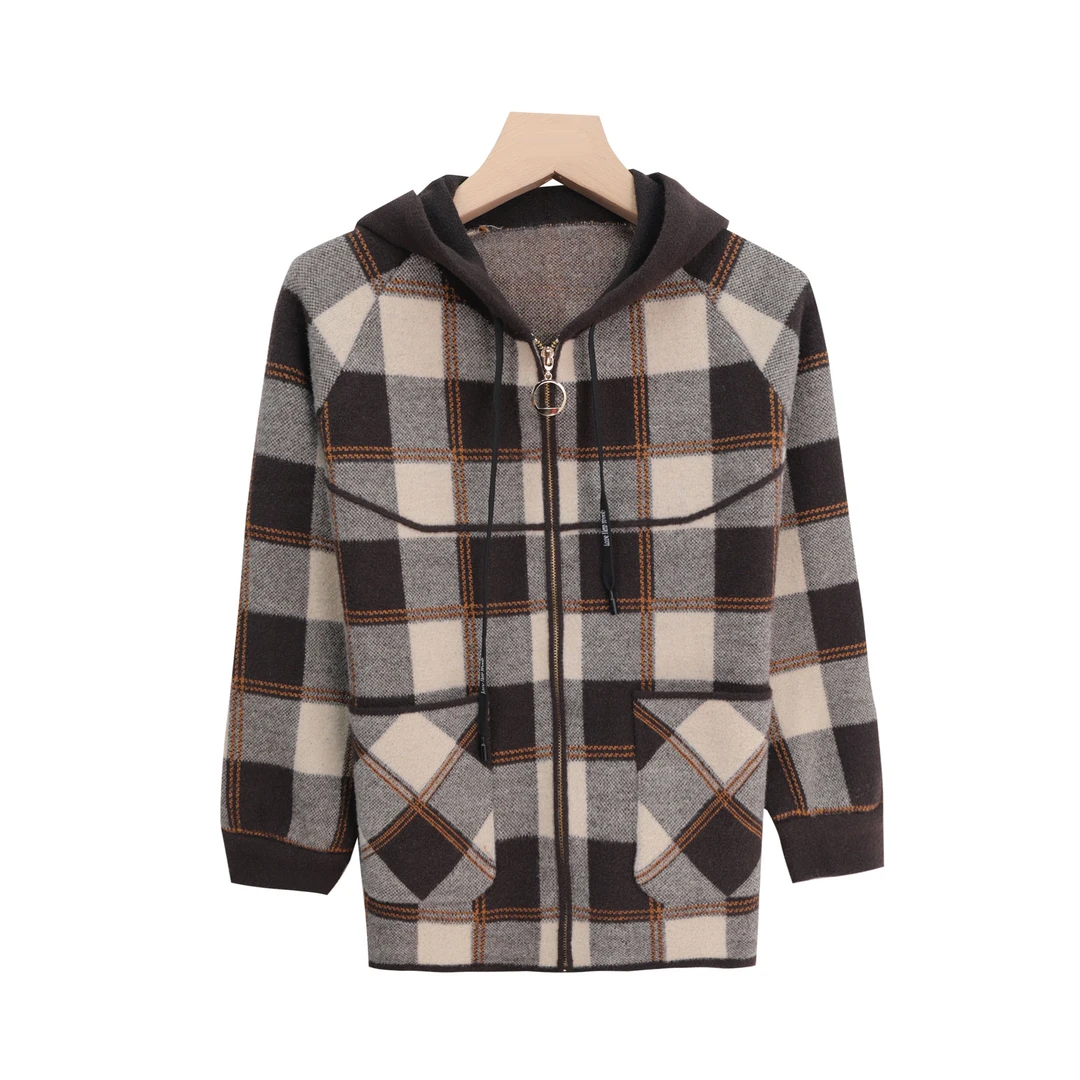 时尚柔软口袋洋气减龄拉链加厚连帽格子外套X27354