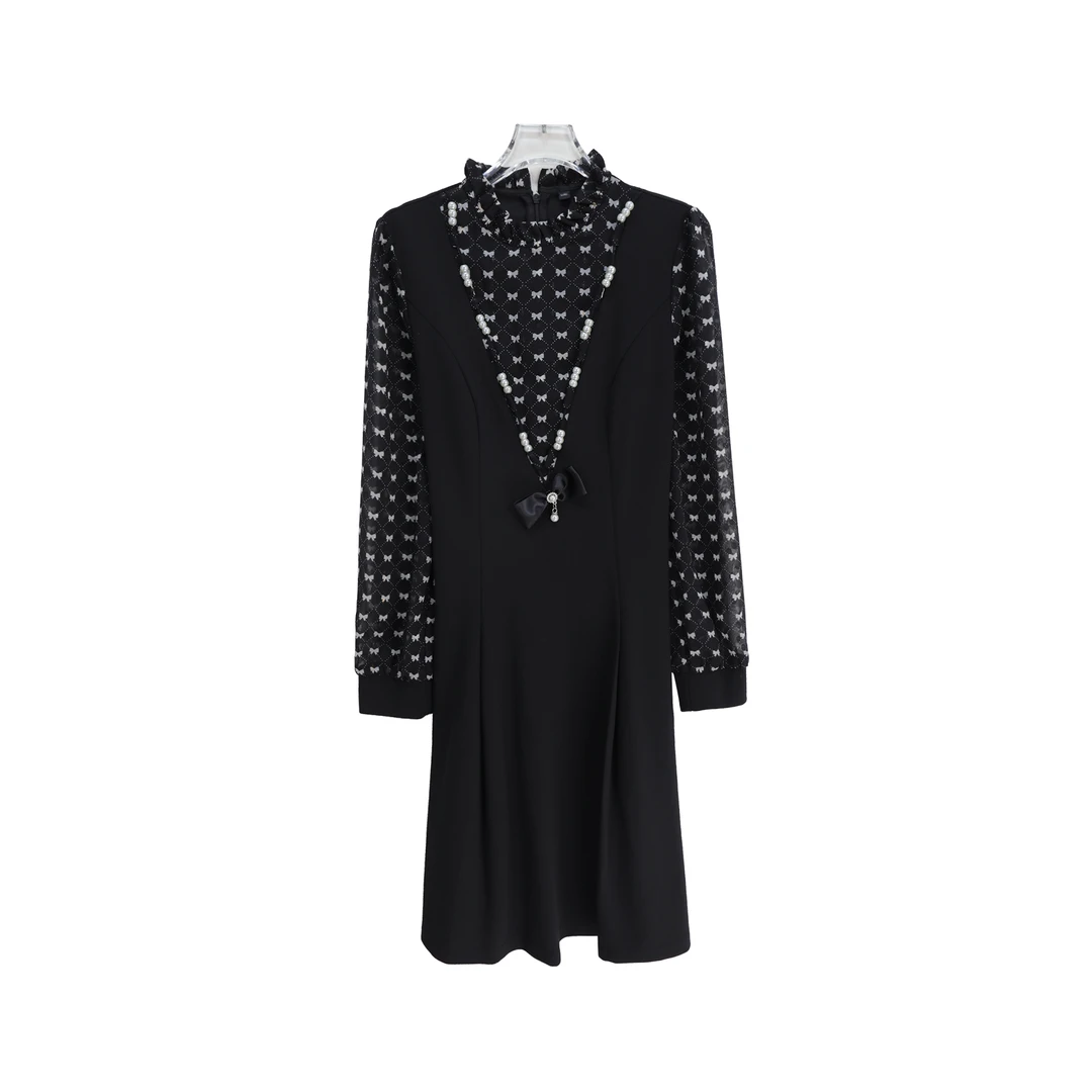 时尚气质蝴蝶结珠珠拼接假两件连衣裙S2698