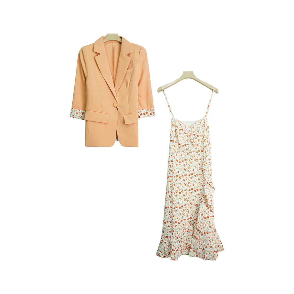 E2329【新款】时尚橘色法式碎花荷叶边吊带连衣裙两件套