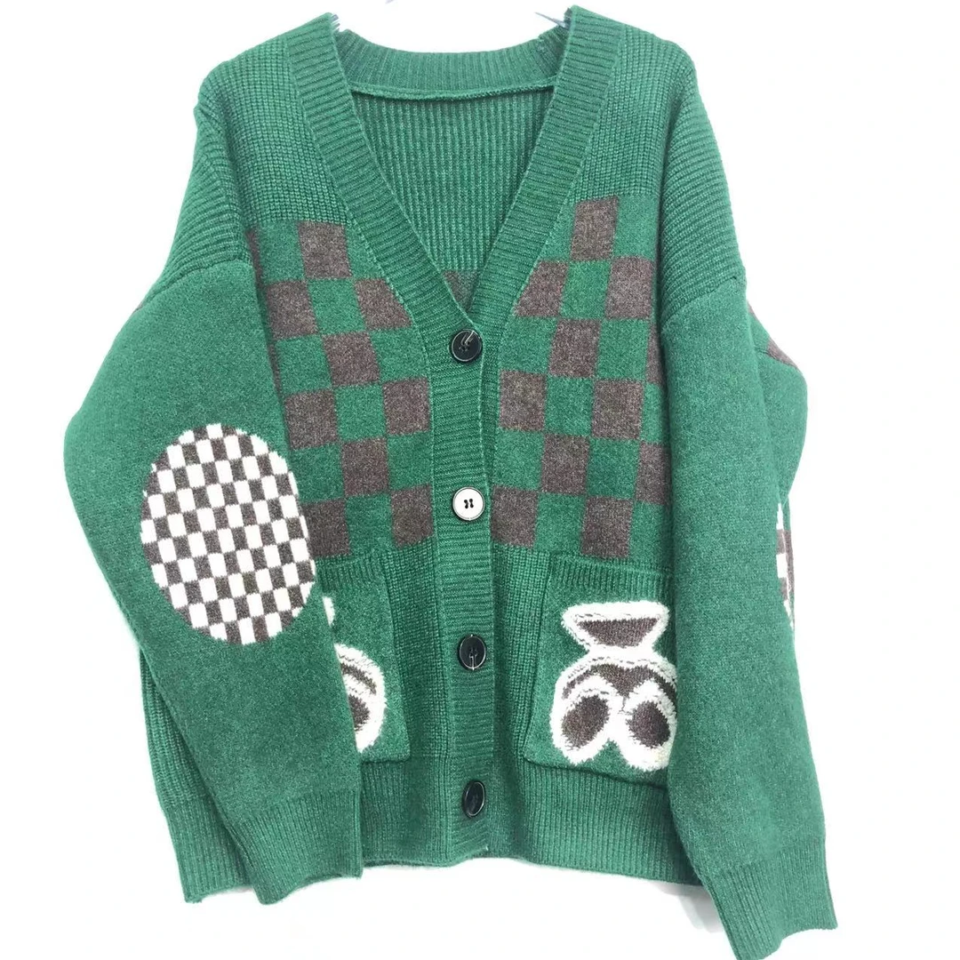 时尚V领棋盘格针织开衫外套N6017