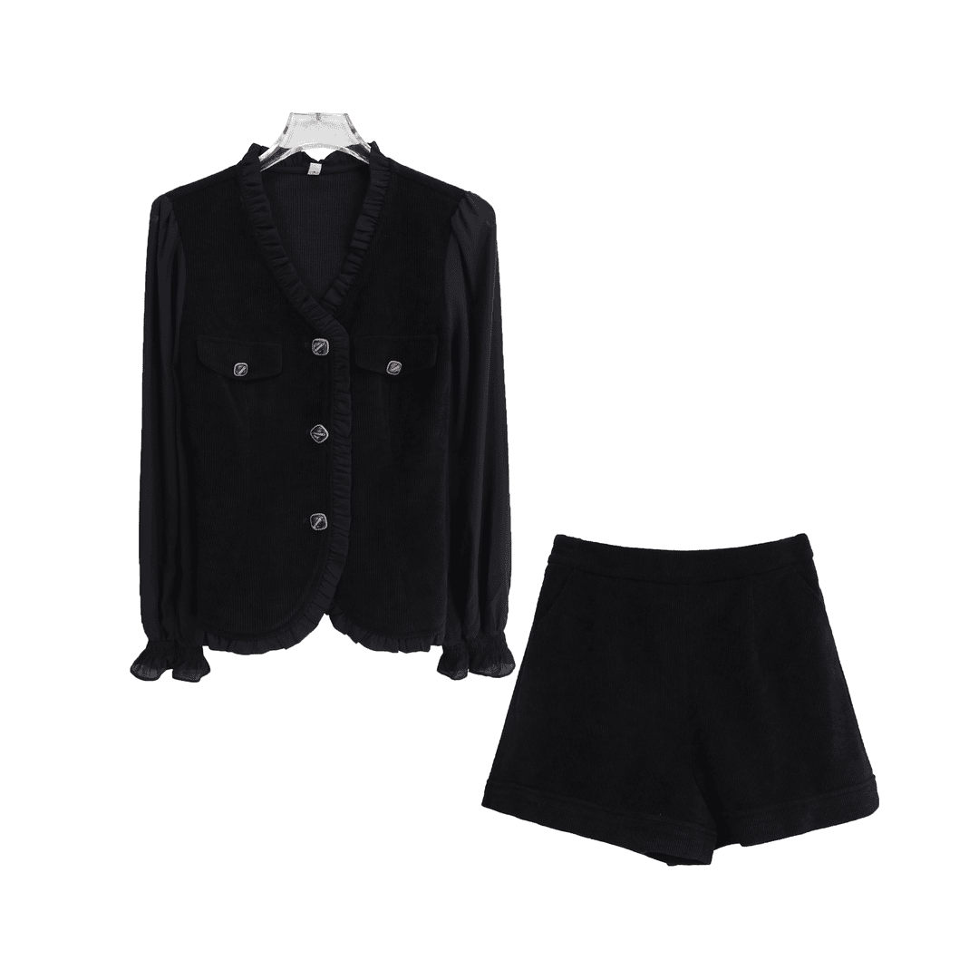 新款设计感荷叶边泡泡袖上衣休闲短裤套装S3287