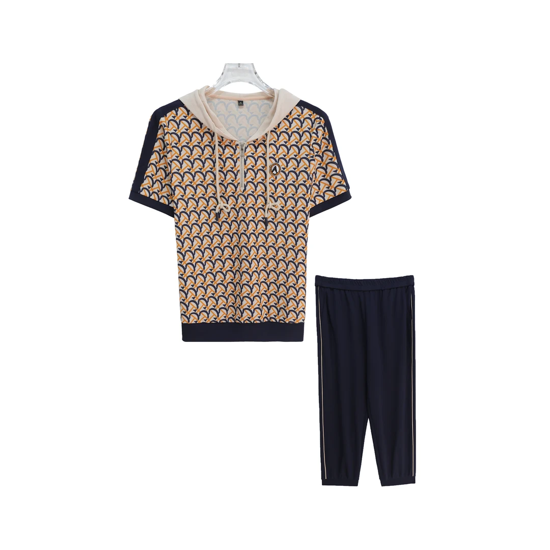 时尚夏季百搭连帽短袖上衣减龄休闲撞色套装S2060