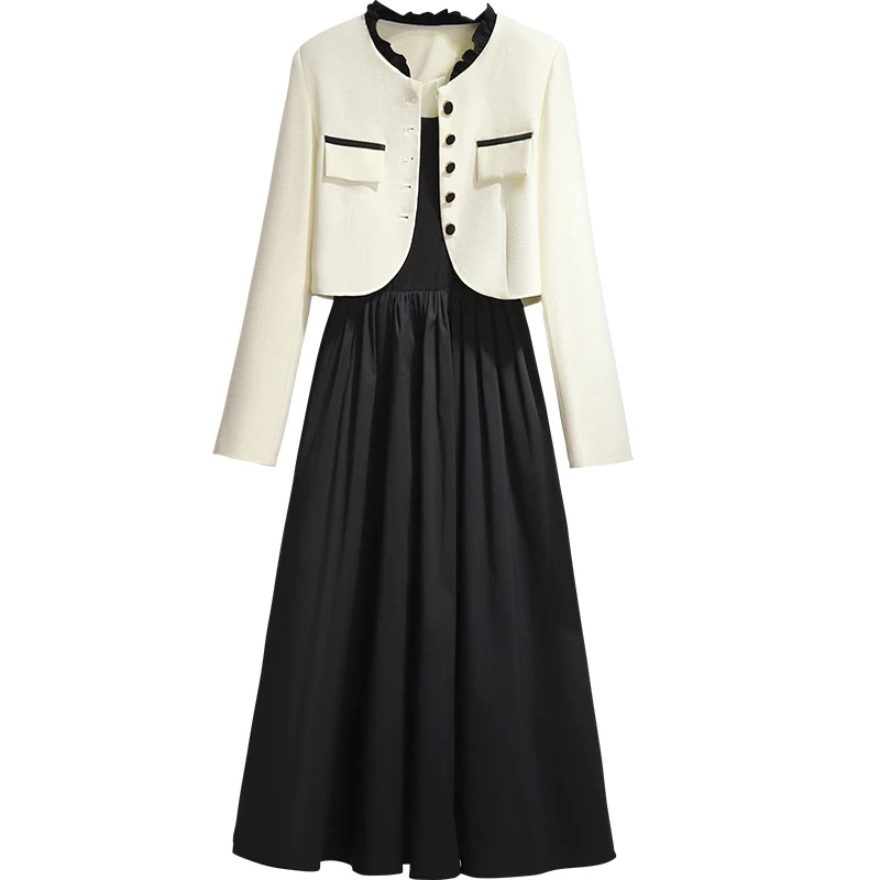 E02305【新款】法式桔梗白色收腰甜美小香风连衣裙两件套