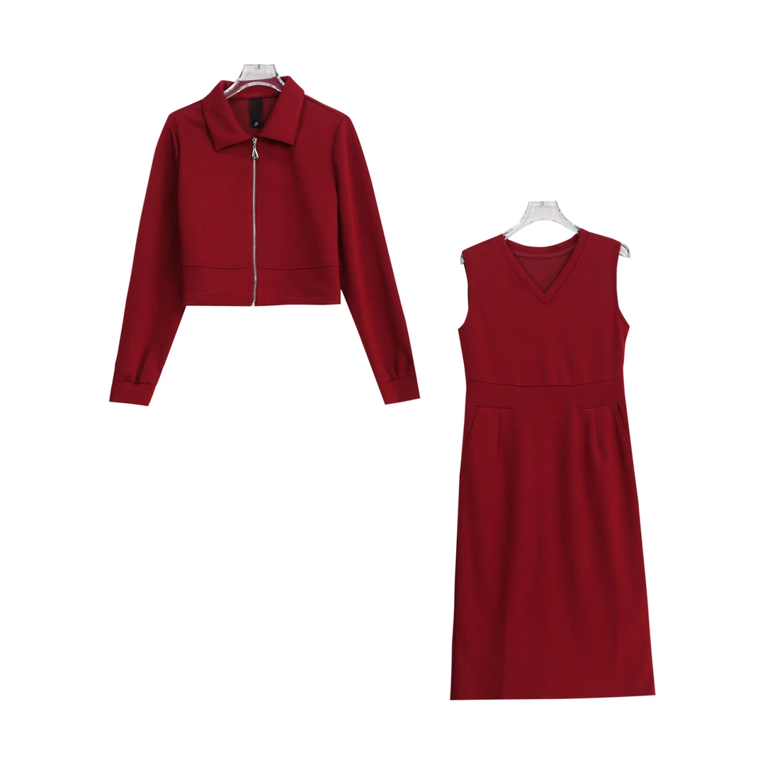 时尚高级感收腰显瘦连衣裙休闲polo翻领外套两件套S4813