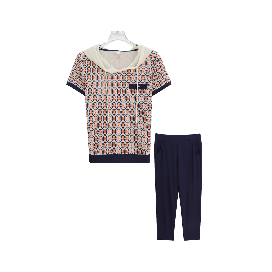 休闲气质抽绳连帽短袖休闲运动长裤套装S1463