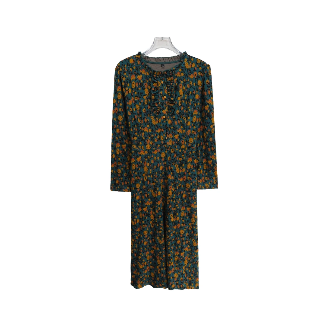 木耳边圆领碎花收腰气质优雅长袖连衣裙S4148