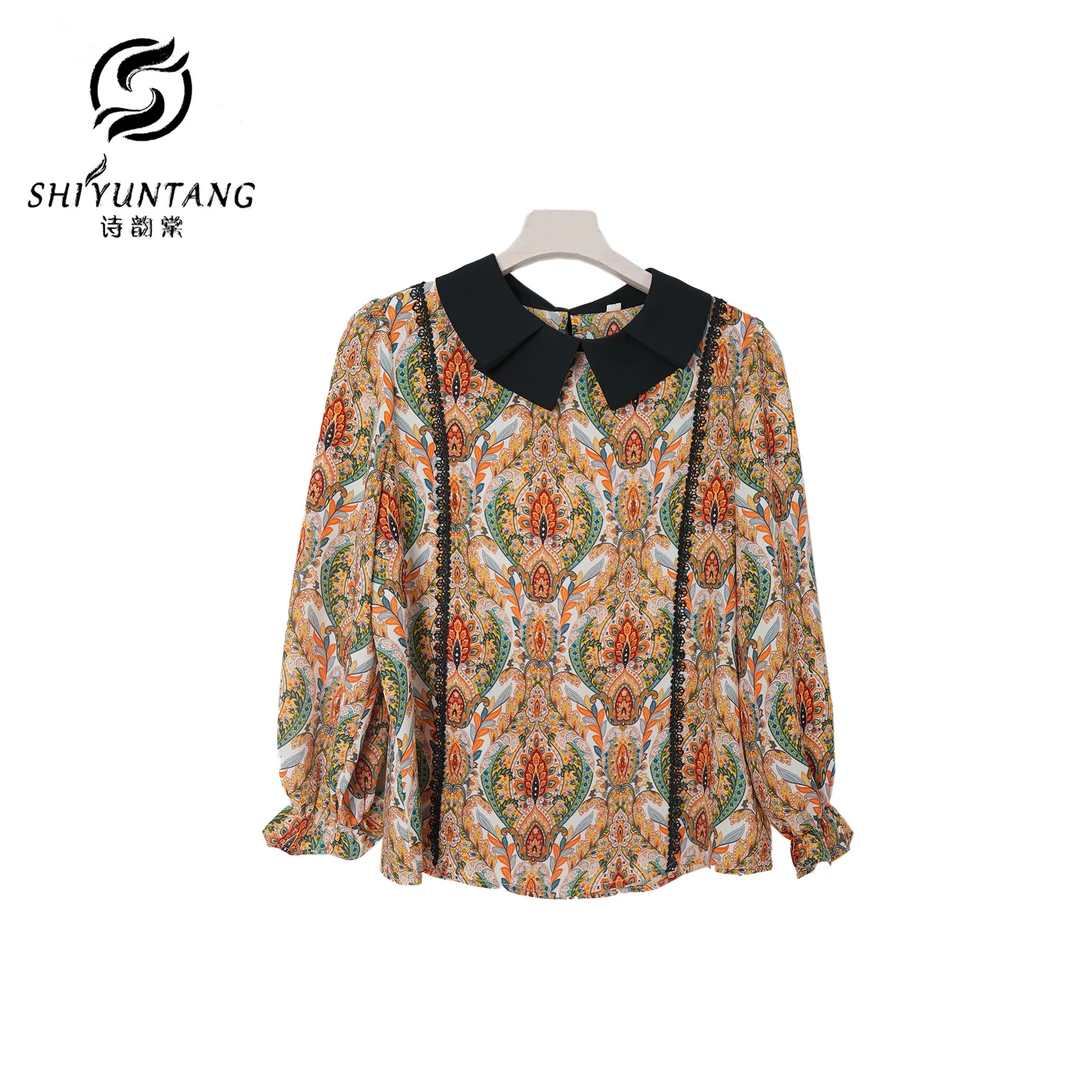 「SHI韵棠」X21002橘色气质富贵碎花娃娃领领宽松减龄百搭上衣