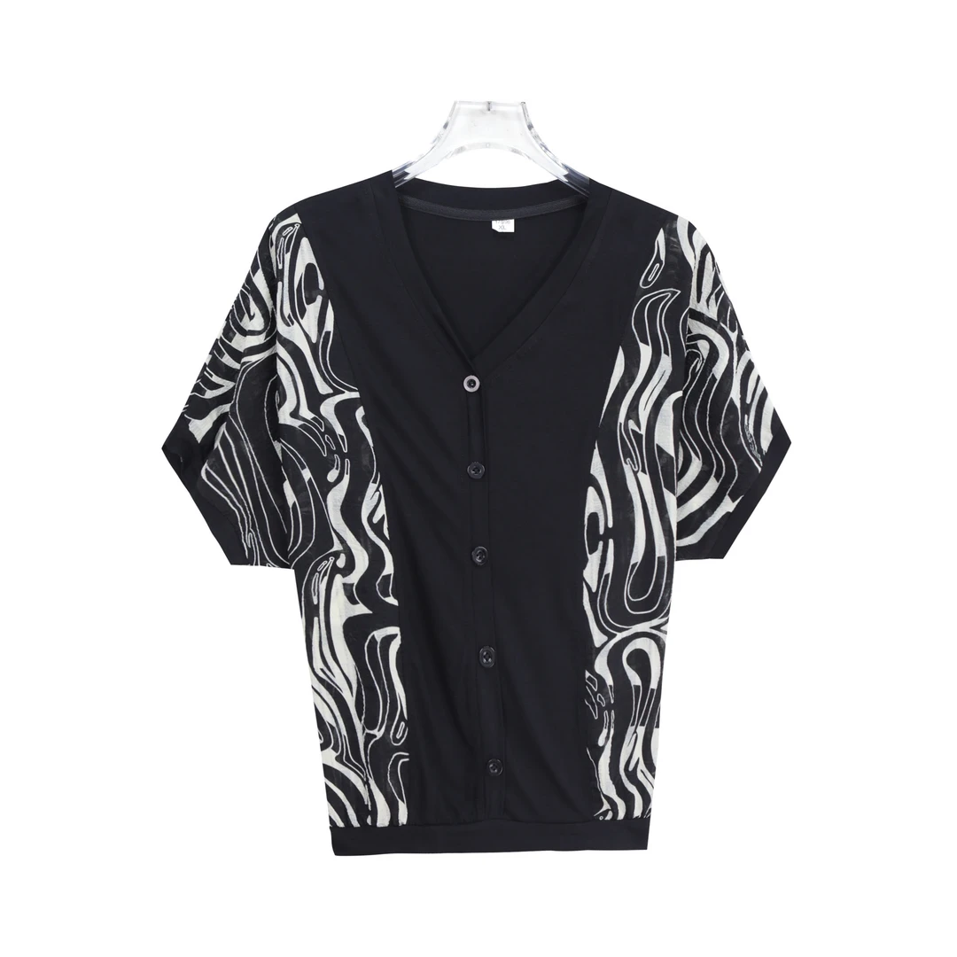 时尚V领拼接印花短袖T恤洋气显瘦减龄上衣小衫S1291