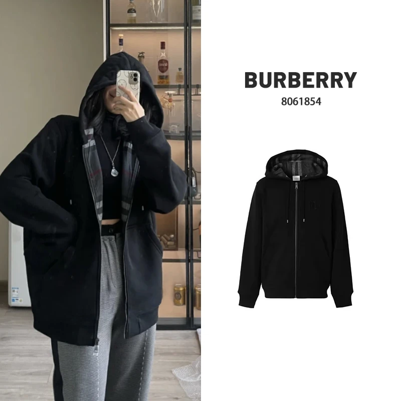 BURBERRY(香港发)纯色字母刺绣连帽抽绳拉链卫衣黑色 8061854/BCJ