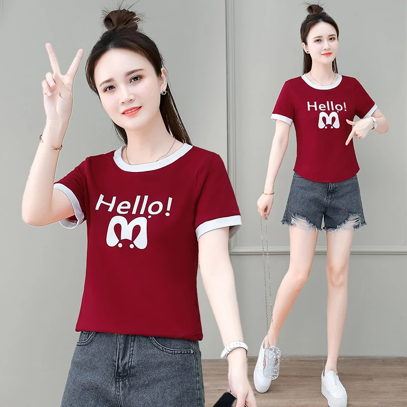 夏季印花圆领T恤女短款2023年新款韩版百搭小个子修身短袖上衣潮