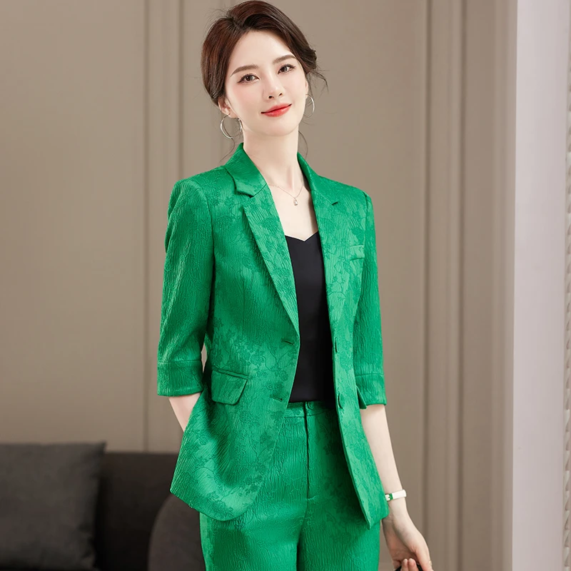 8603 绿色西装套装女2023夏季时尚气质修身洋气提花职业西服套装