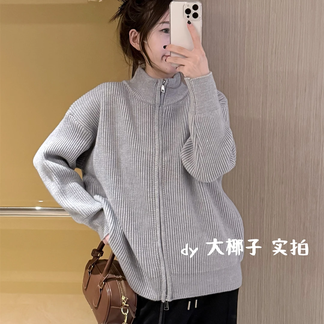 韩版双拉链慵懒风高领针织开衫女秋冬设计感休闲百搭毛衣外搭