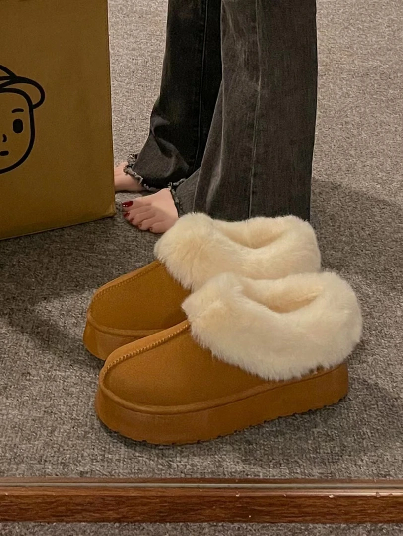 5厘米厚底毛毛雪地靴棉靴2023冬季新款加绒加厚保暖低帮面包棉鞋
