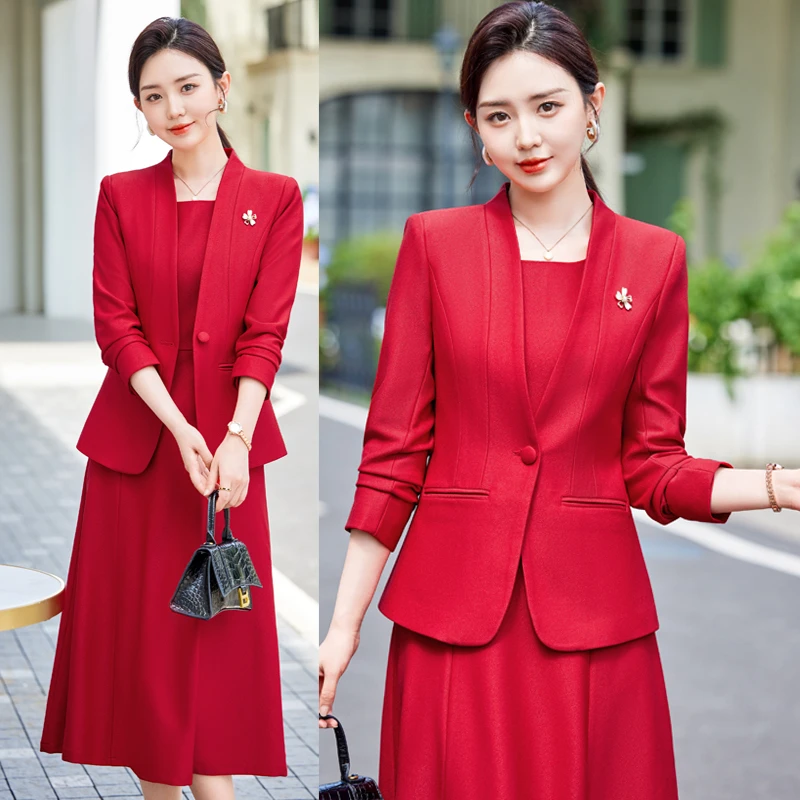 高级感红色西装套装女时尚气质职业套裙韩版西服外套两件套工作服