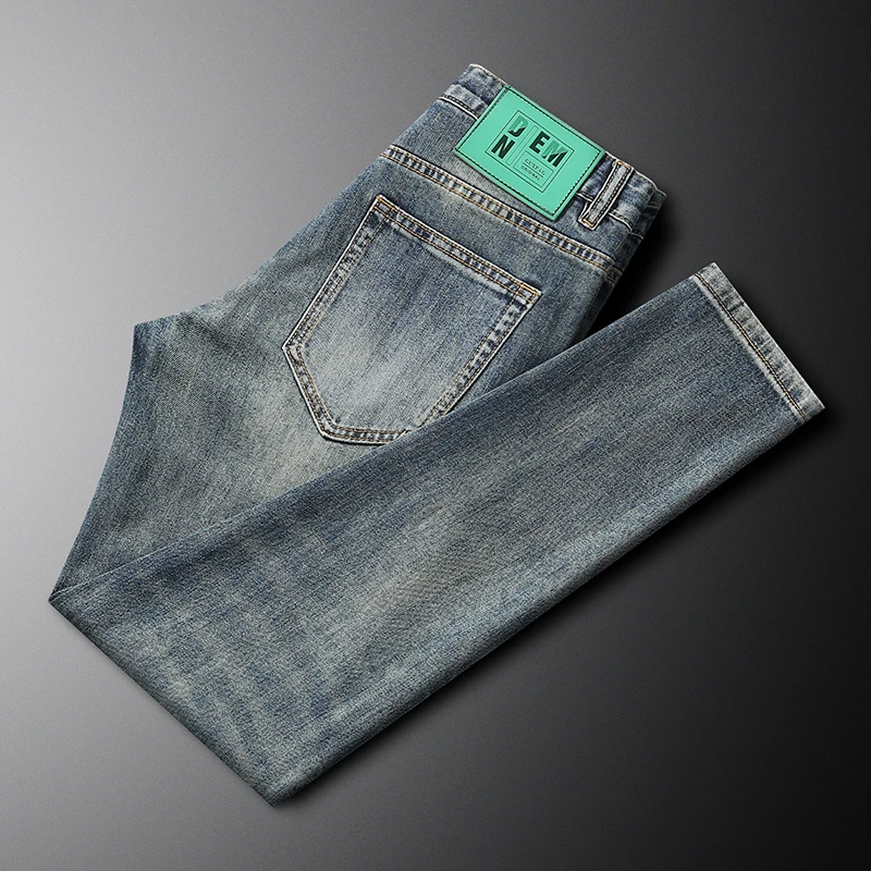符腾野堡马潮流复古蓝牛仔裤男款秋季字母刺绣弹力修身小直脚长裤