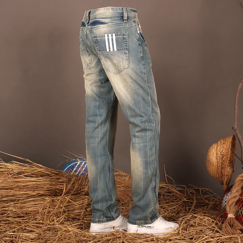 符腾野堡马春秋潮牌牛仔裤男士宽松直筒时尚复古磨白潮流牛仔长裤