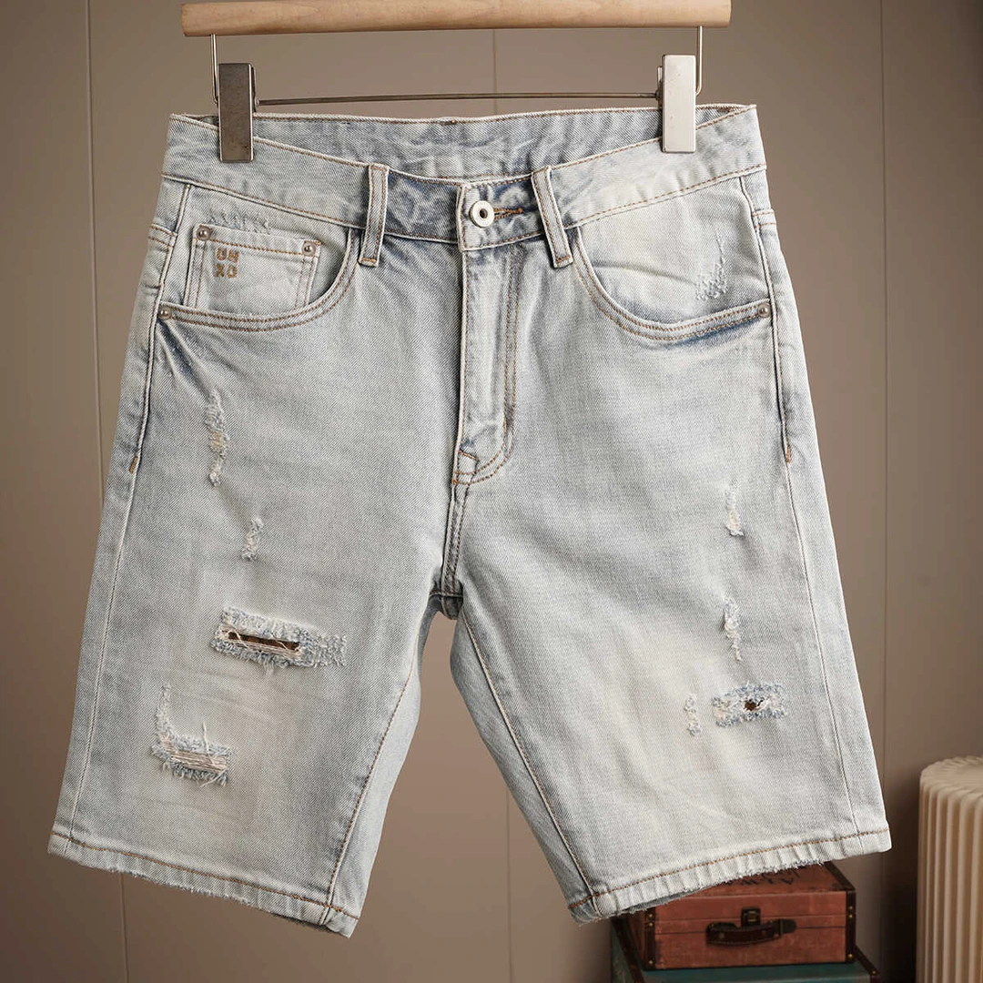 符腾野堡马复古浅色破洞牛仔短裤男夏季潮牌休闲马裤水洗五分裤薄