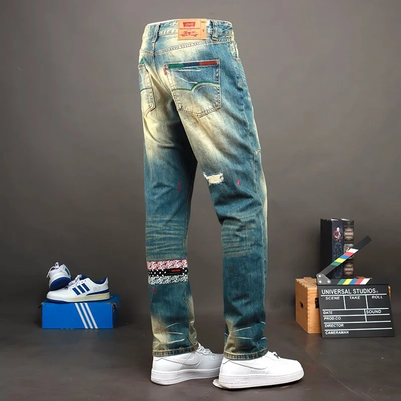 符腾野堡马潮牌复古水洗宽松直筒牛仔裤男春秋款破洞乞丐休闲长裤
