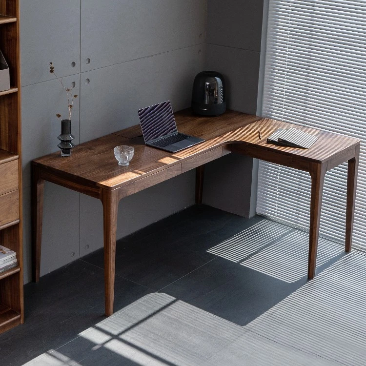 实木转角书桌黑胡桃木L型拐角式电脑桌学生家用一体角落工作台