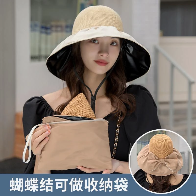 夏季蝴蝶结防晒帽拉链袋多用途沙滩帽黑胶镂空太阳帽外出遮阳帽潮
