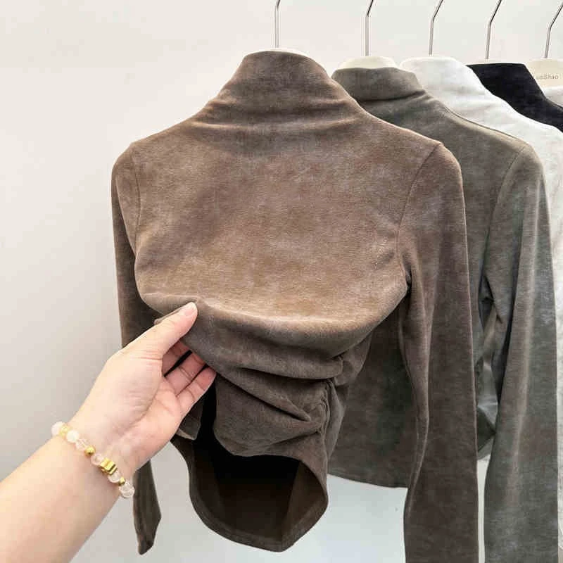 【扎染长袖设计感】2024年新款小众正肩半高领褶皱收腰德绒内搭上衣
