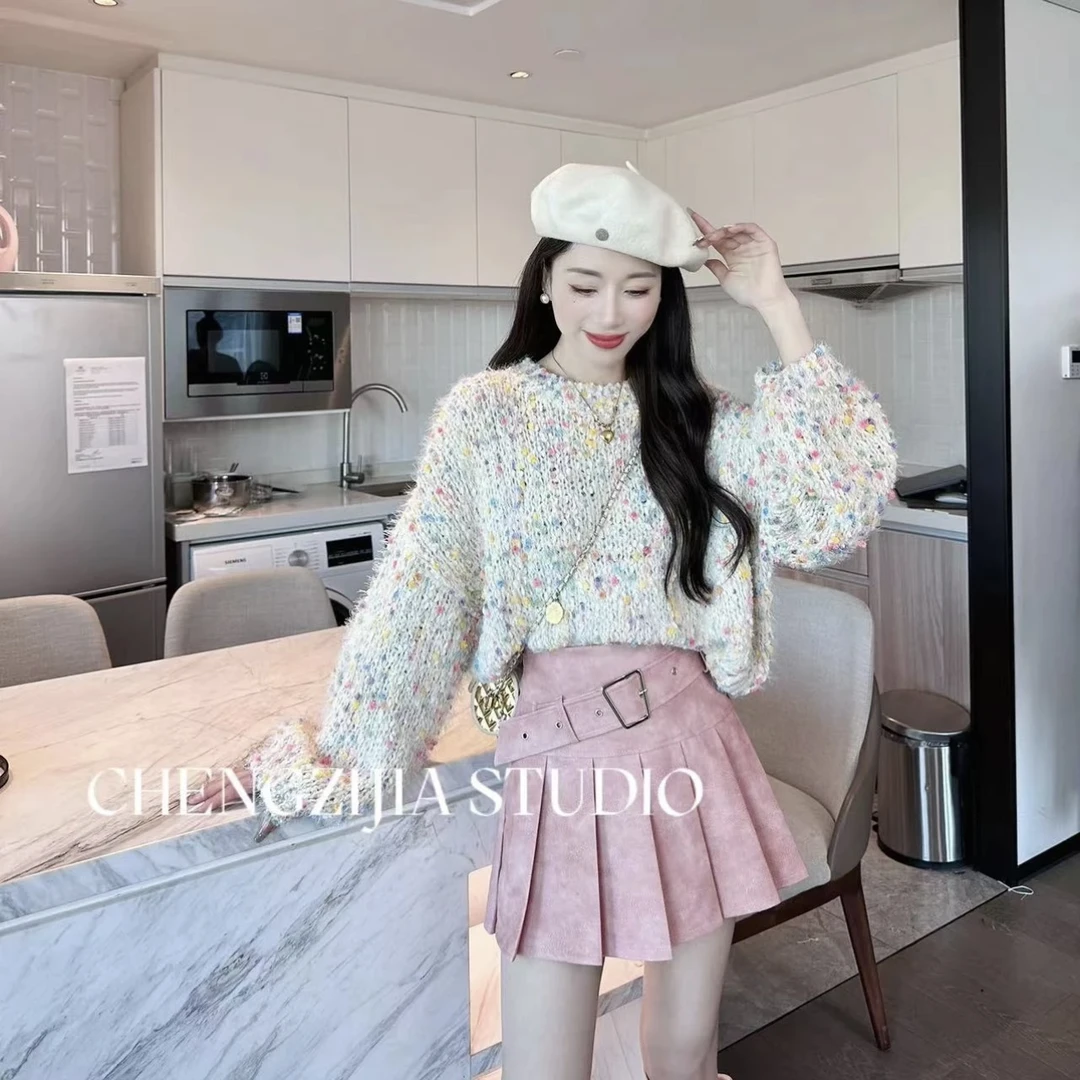 秋冬新款宽松彩色小香风套头毛衣女不规则彩色点点显瘦百搭上衣