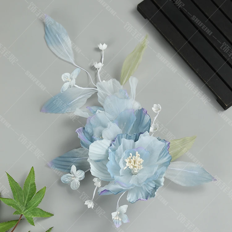 头饰头花2024新款原创汉服女款后压仙气蓝色花朵古风簪花夹子发夹