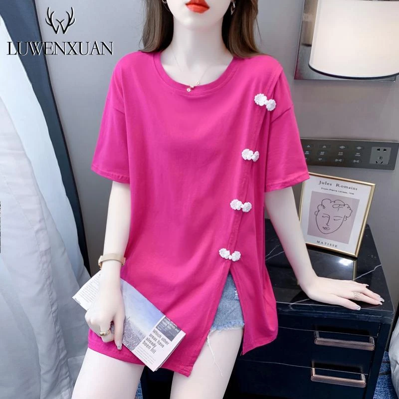 300斤中长款开叉洋气t恤女装设计感2023新款小个子夏季绝美不规则