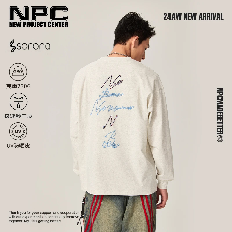 NPC潮牌230G【索罗娜】皮绳绣圆领长袖T恤男防晒潮流NP47TL22