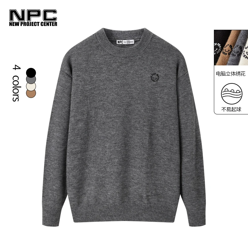 NPC潮牌左胸前电脑绣花小logo笑脸圆领针织毛衣NP28SW28