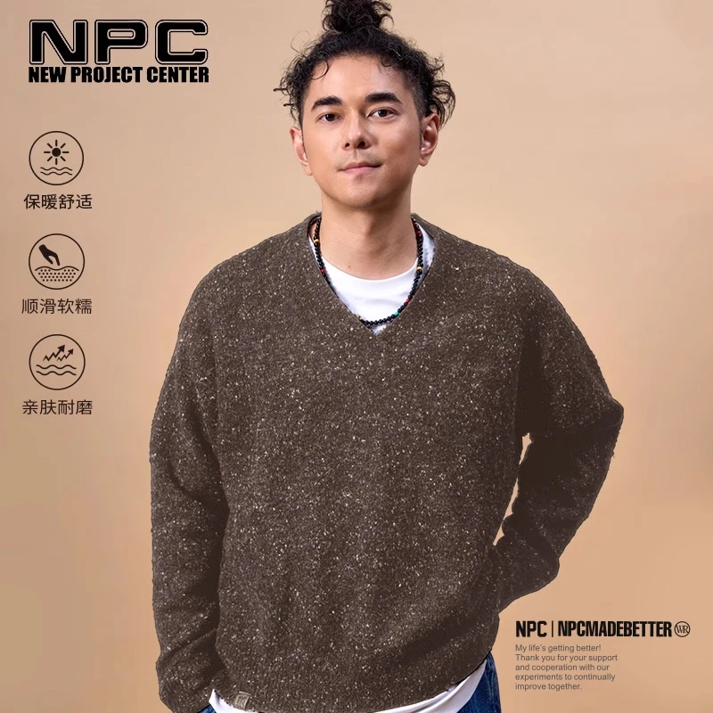 NPC潮牌复古彩点纱V领微廓落肩针织毛衣男舒适慵懒NP4ASW14 J