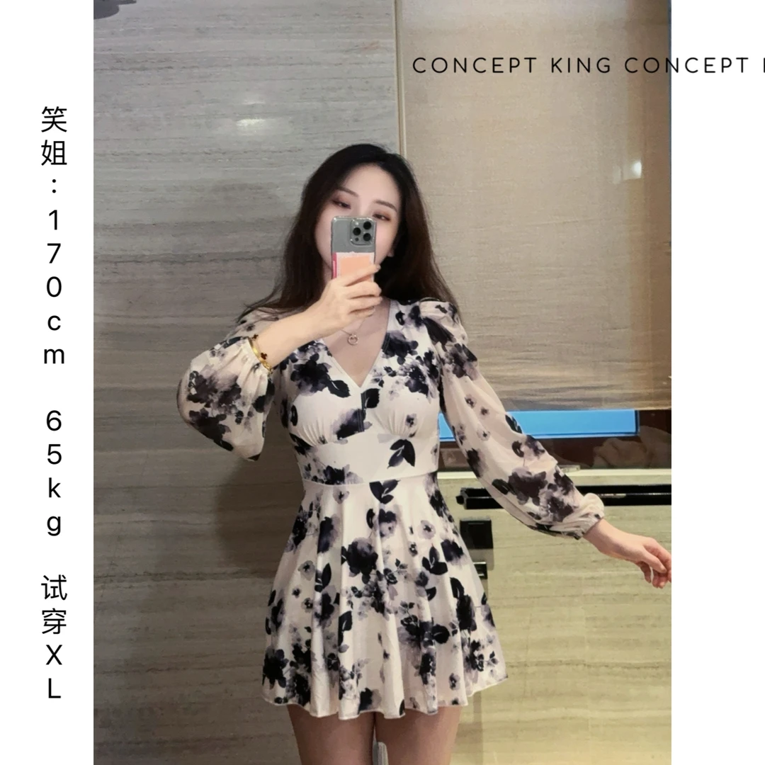【水墨丹青】显瘦时尚固定杯长袖遮肚性感气质高级感大码泳衣NL2509
