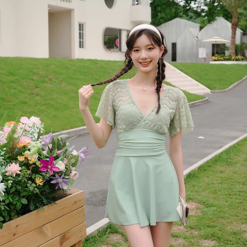 【柠檬薄荷】遮肚显瘦保守时尚连体泳衣沙滩公主裙QH61107