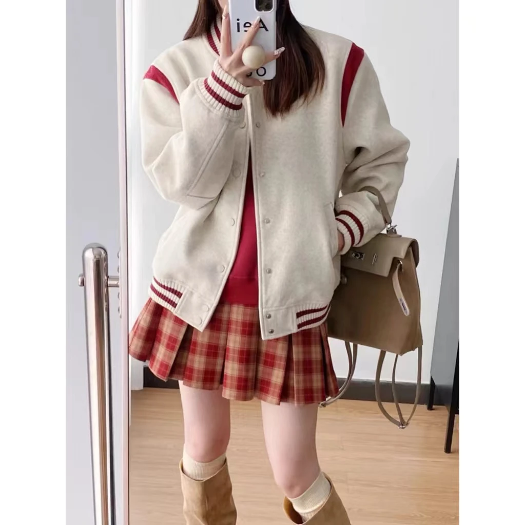 美式刺绣撞色毛呢美式复古撞色棒球服外套秋季宽松遮肉显瘦上衣