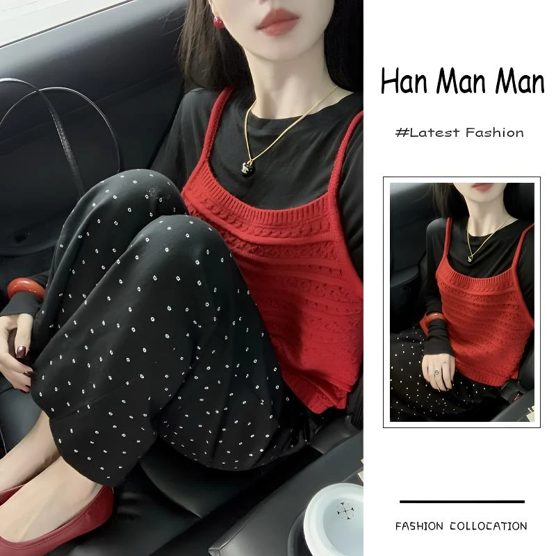 早秋季流行穿搭一整套新款2024韩系百搭长袖上衣吊带波点裤显瘦