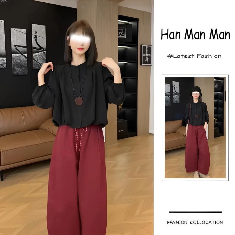 2024年早秋季新款洋气女流行时尚慵懒风百搭衬衫休闲阔腿裤两件套