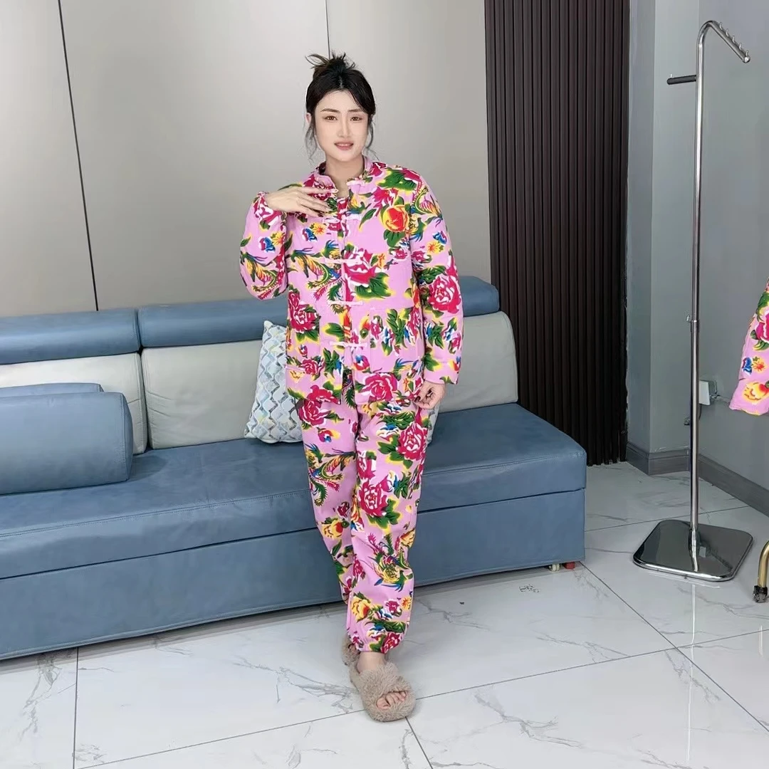 网红东北大花棉袄国风复古休闲套装2024秋冬时尚印花加厚丝绵棉衣