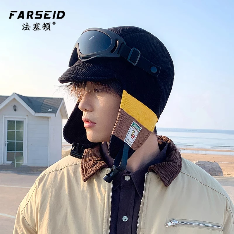 骑行帽子男冬季保暖防寒护耳棉帽韩版潮防风加绒复古飞行员包头帽