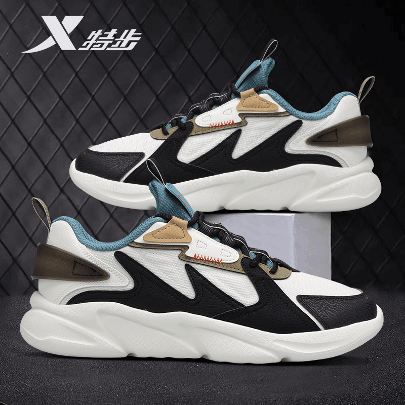 特步男鞋休闲鞋子男2024春季新款黑白色轻便减震透气学生运动鞋子