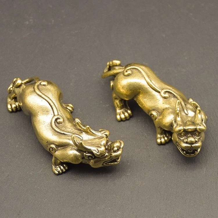 实心纯黄铜一对貔貅茶宠做旧桌面复古貔貅摆件个性手把件