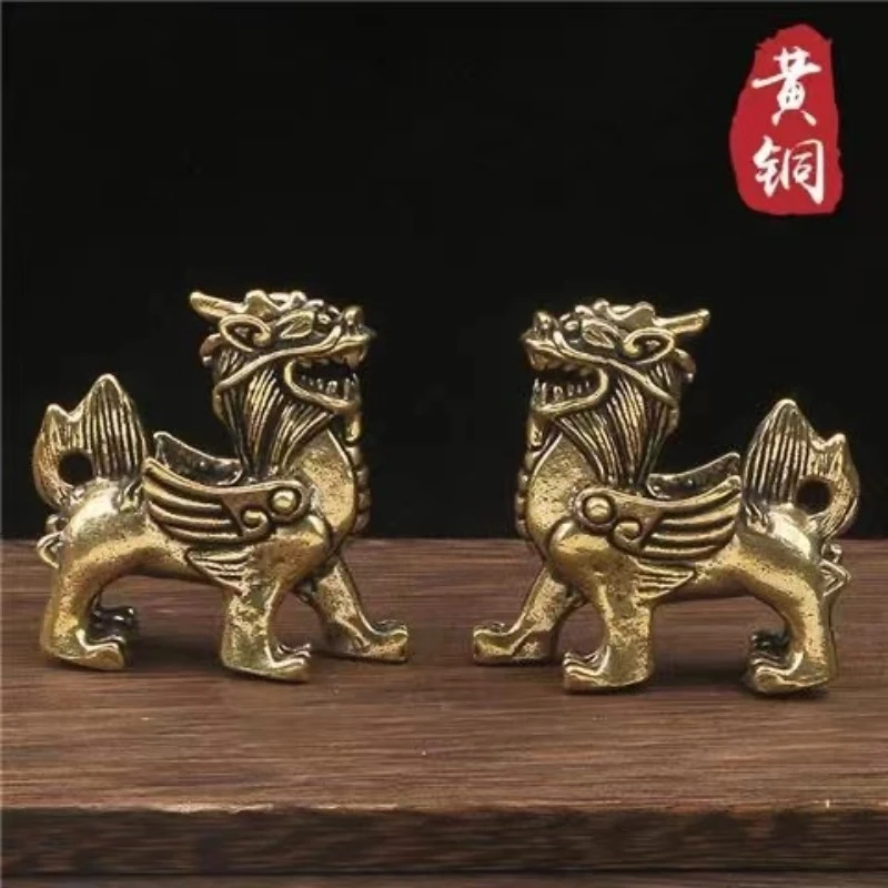 黄铜麒麟桌面摆件复古创意纯铜飞天麒麟一对装书房客厅纯铜摆件