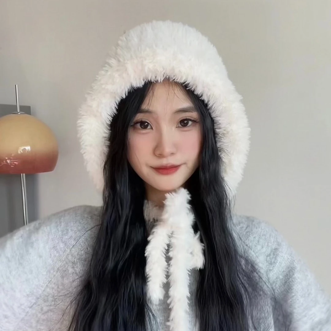 韩版纯色毛茸茸显脸小秋冬保暖包头护耳帽绑带针织毛线帽子女百搭