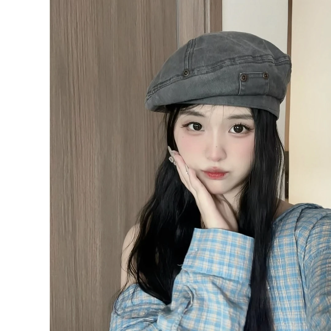 2024新款！春秋女日系复古牛仔贝雷帽女夏季ins休闲做旧工装画家帽