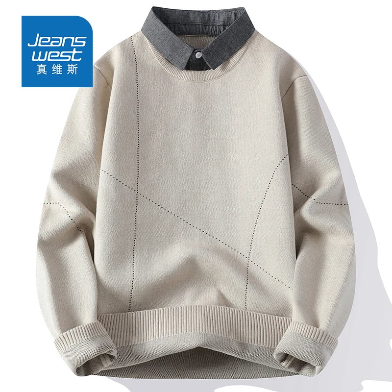 Jeanswest/真维斯秋冬衬衫领假两件套头保暖毛衣男带领针织衫外套