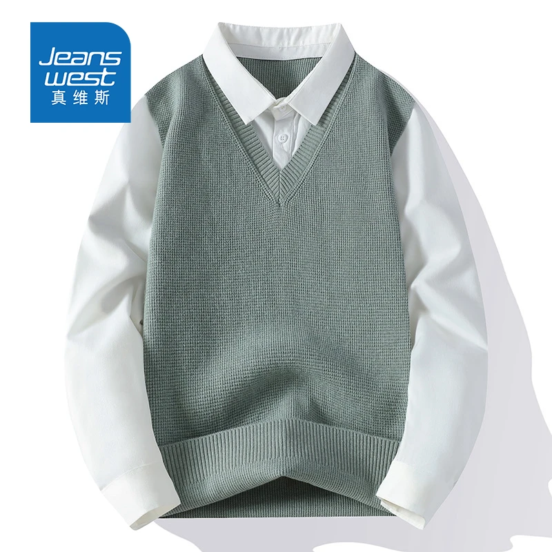 Jeanswest/真维斯秋冬衬衫领假两件套头保暖毛衣男带领针织衫外套