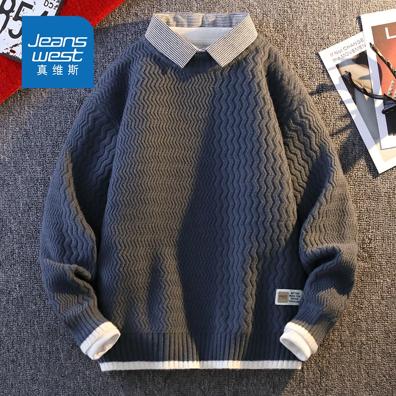 Jeanswest/真维斯秋冬季衬衫领假两件保暖套头宽松带领毛衣男外套