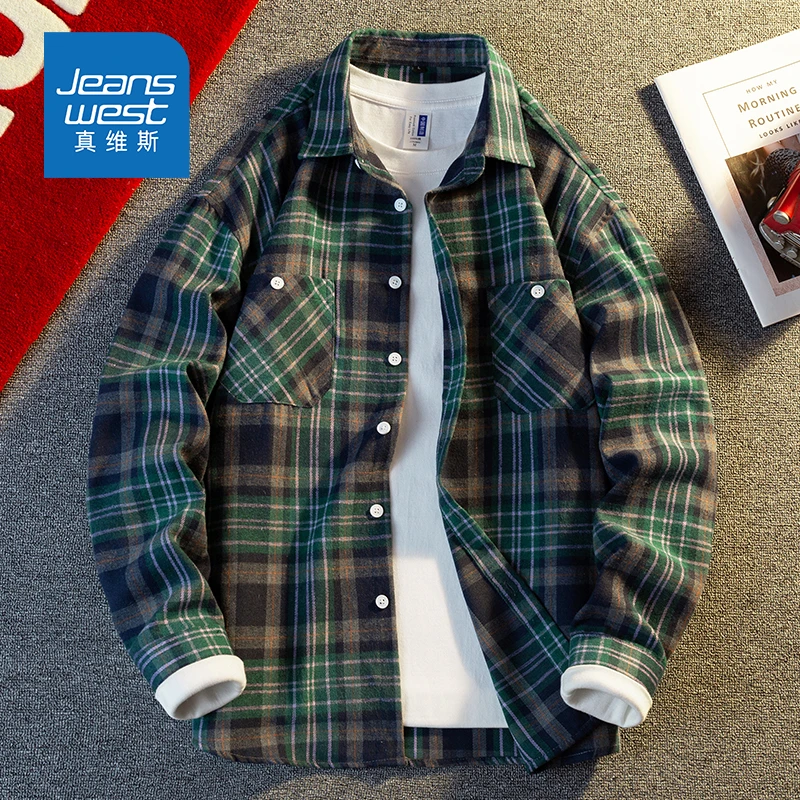 Jeanswest/真维斯秋季日系格子寸衫复古休闲宽松长袖衬衫外套 男